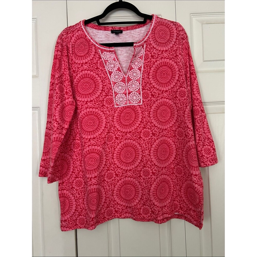 Talbots Pink White Embroidered Tunic Large Floral Cotton Modal Jewel Tone Resort